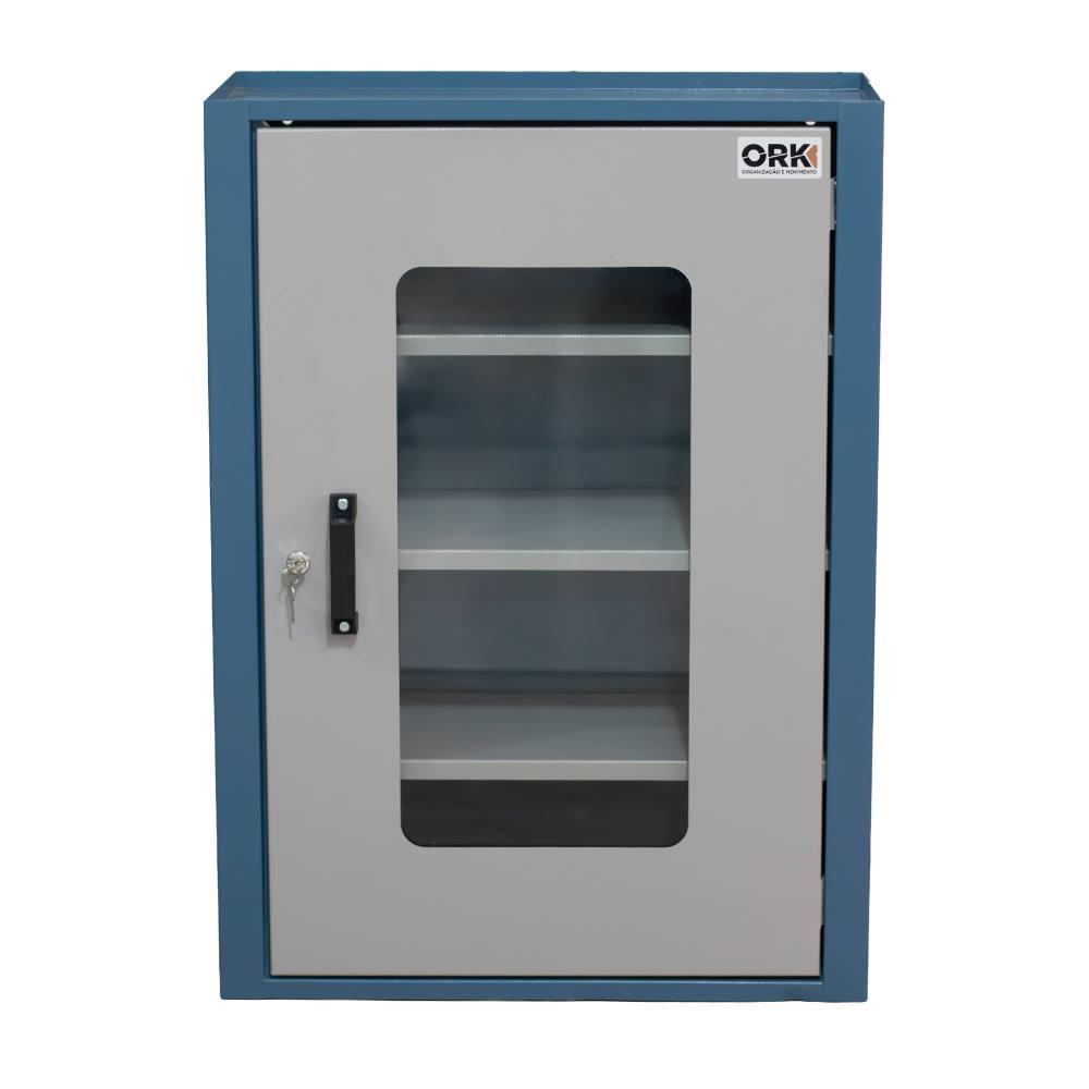 Armario de parede com 4 prateleiras e porta com visor 